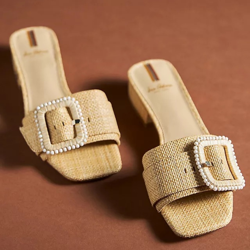 Sam Edelman Deacon Beaded Natural Straw Slide Sandals with Pearl-Trim Buckle